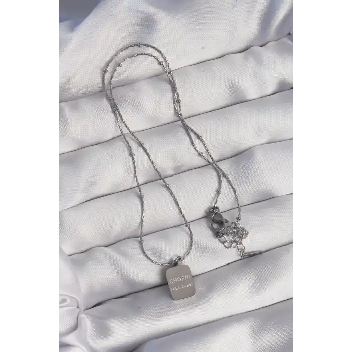 316L Çelik Gümüş Renk Kare Charm Model Kolye