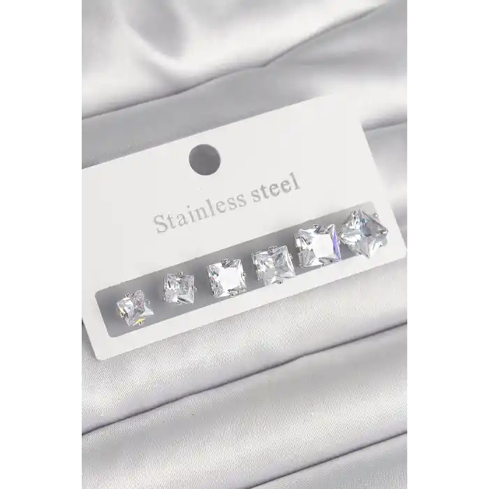 316L Çelik Gümüş Renk Kare Zirkon Taşlı Kadın Küpe Seti