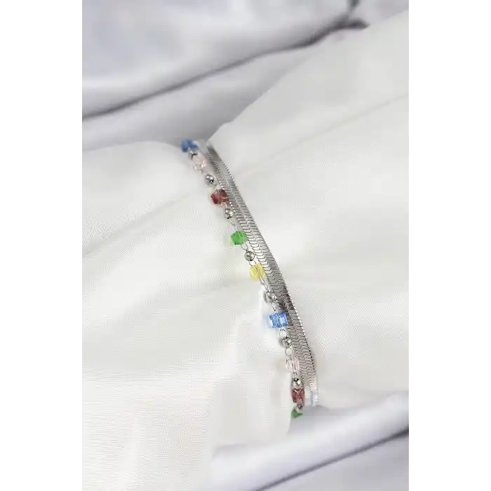 316L Çelik Gümüş Renk Karışık Renkli Kristal Taşlı Kadın Bileklik