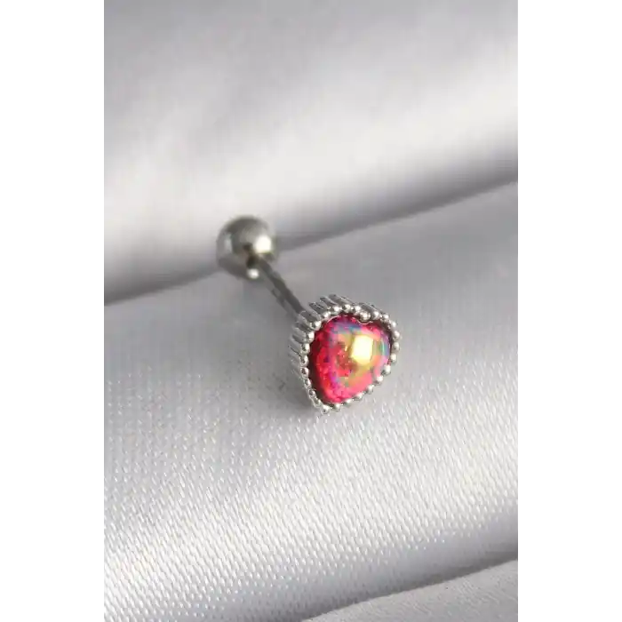 316L Çelik Gümüş Renk Kırmızı Mineli Kalp Tragus Piercing