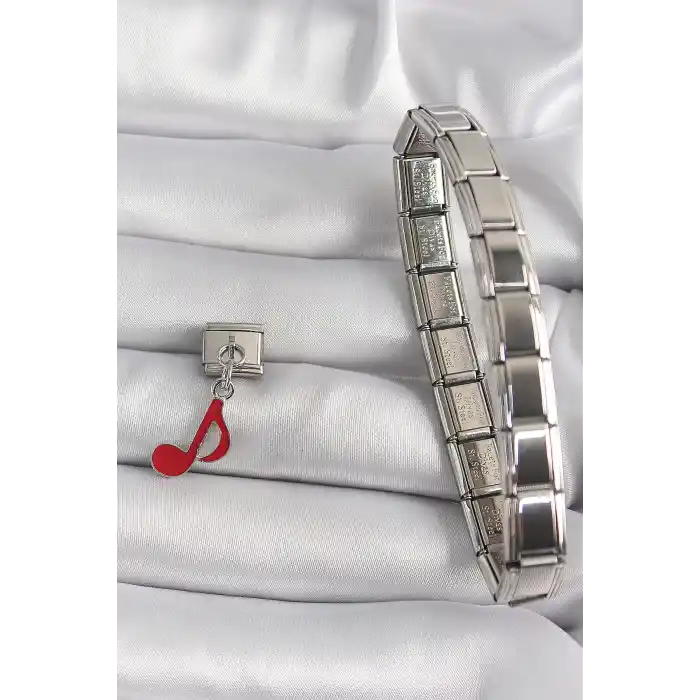 316L Çelik Gümüş Renk Kırmızı Nota Model Nomination Charm