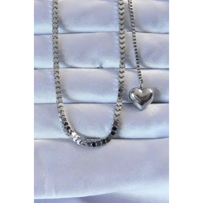 316L Çelik Gümüş Renk Küp Zincirli Kalpli Kolye