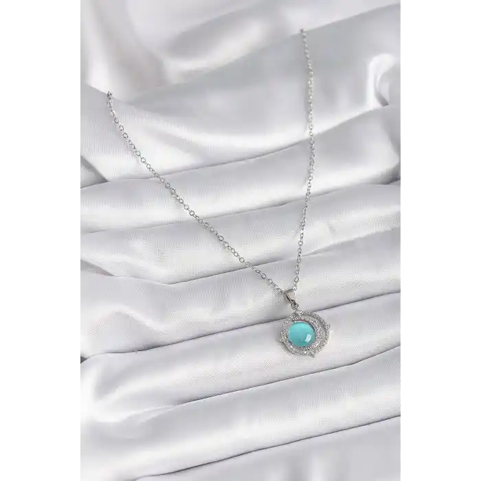 316L Çelik Gümüş Renk Mavi Sedefli Hilal Model Kadın Kolye