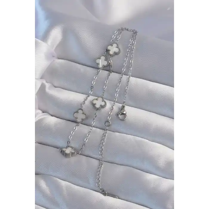 316L Çelik Gümüş Renk Minimal Beyaz Sedefli Yonca Kolye