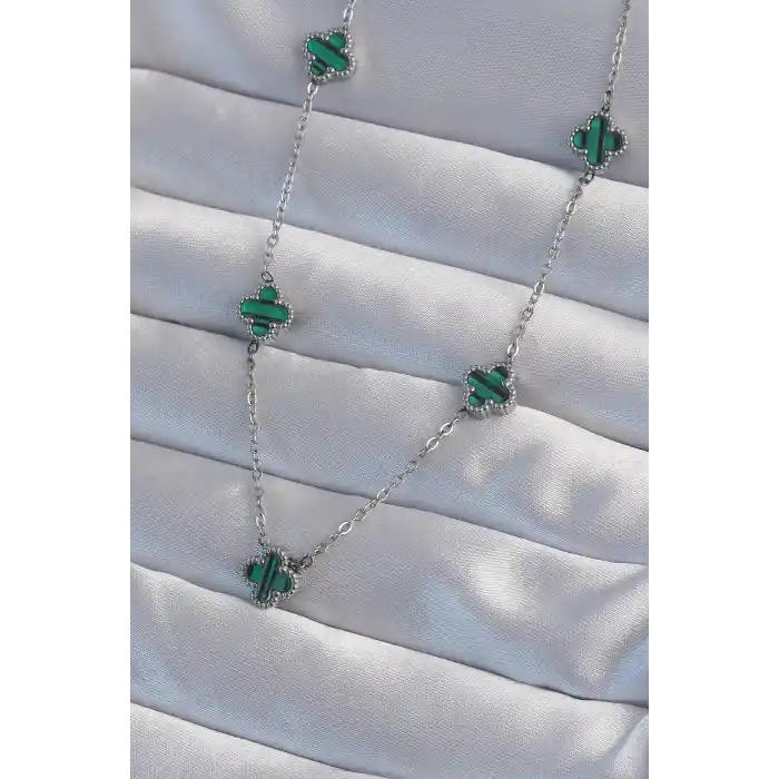 316L Çelik Gümüş Renk Minimal Yeşil Mineli Yonca Kolye