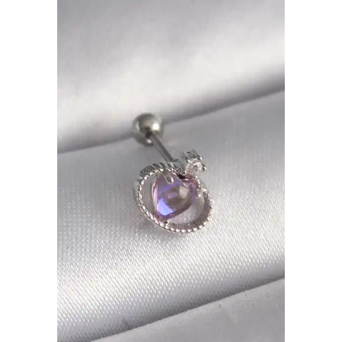 316L Çelik Gümüş Renk Mor Mineli Kalp Zirkon Taş Detay Tragus Piercing