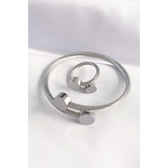 316L Çelik Gümüş Renk Oval Aksesuarlı Burgu Model Bileklik ve Yüzük Kombini