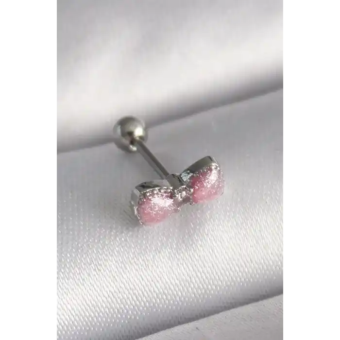 316L Çelik Gümüş Renk Pembe Kurdele Zirkon Taş Detay Tragus Piercing