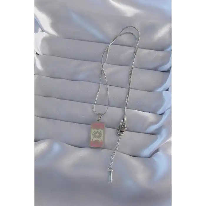 316L Çelik Gümüş Renk Pembe Mineli Ay Figür Tarot Kolye