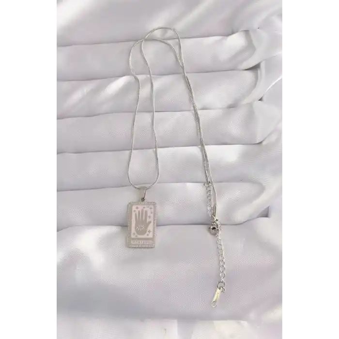 316L Çelik Gümüş Renk Pembe Mineli El Figür Tarot Kolye