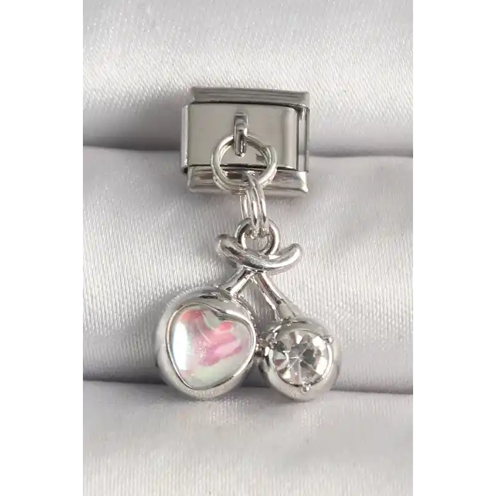 316L Çelik Gümüş Renk Pembe Mineli Kalp Zirkon Taş Detay Nomination Charm