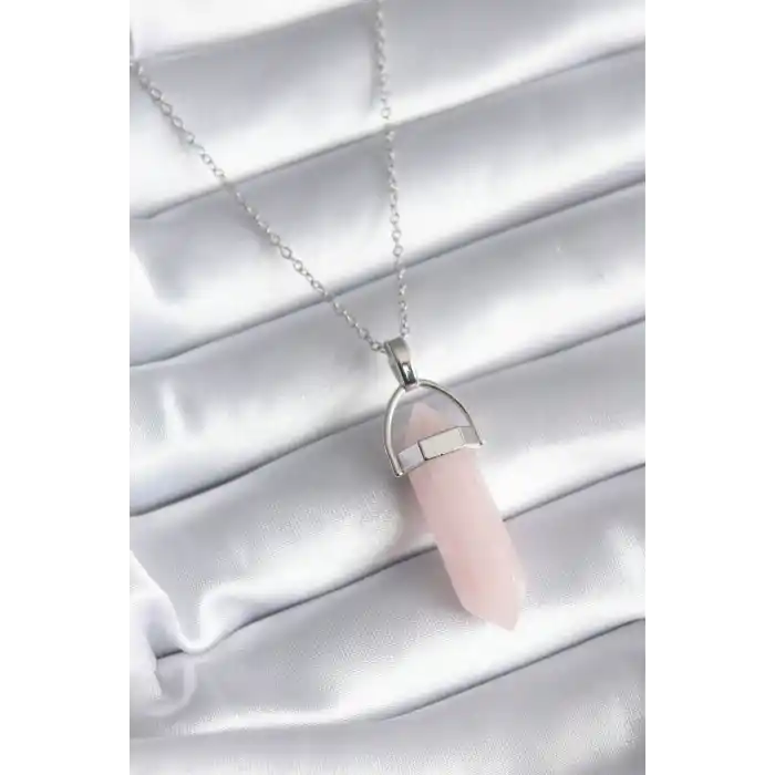 316L Çelik Gümüş Renk Pembe Taşlı Kadın Kolye