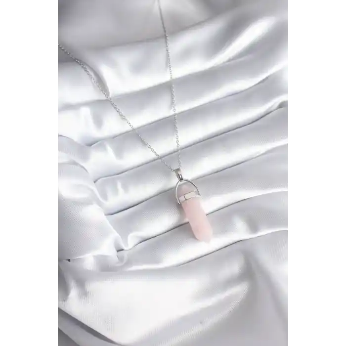 316L Çelik Gümüş Renk Pembe Taşlı Kadın Kolye
