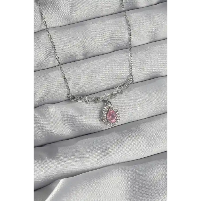 316L Çelik Gümüş Renk Pembe Zirkon Taşlı Damla Kolye