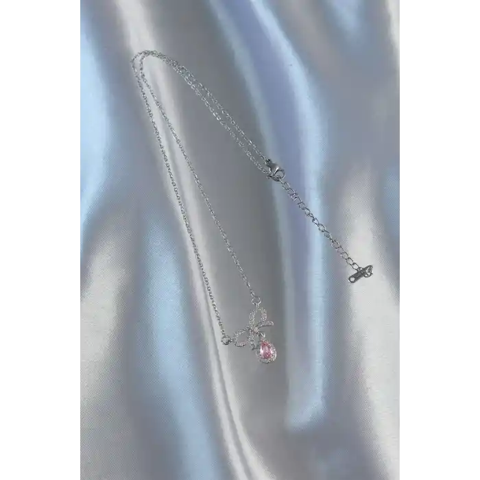 316L Çelik Gümüş Renk Pembe Zirkon Taşlı Damla Kolye