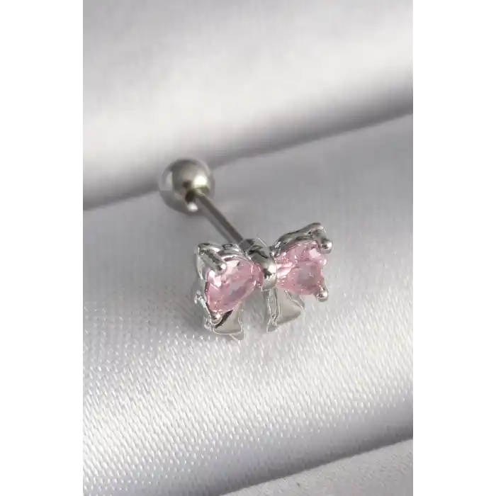 316L Çelik Gümüş Renk Pembe Zirkon Taşlı Fiyonk Tragus Piercing
