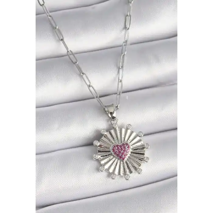 316L Çelik Gümüş Renk Pembe Zirkon Taşlı Kalp İşleme Madalyon Model Kadın Kolye