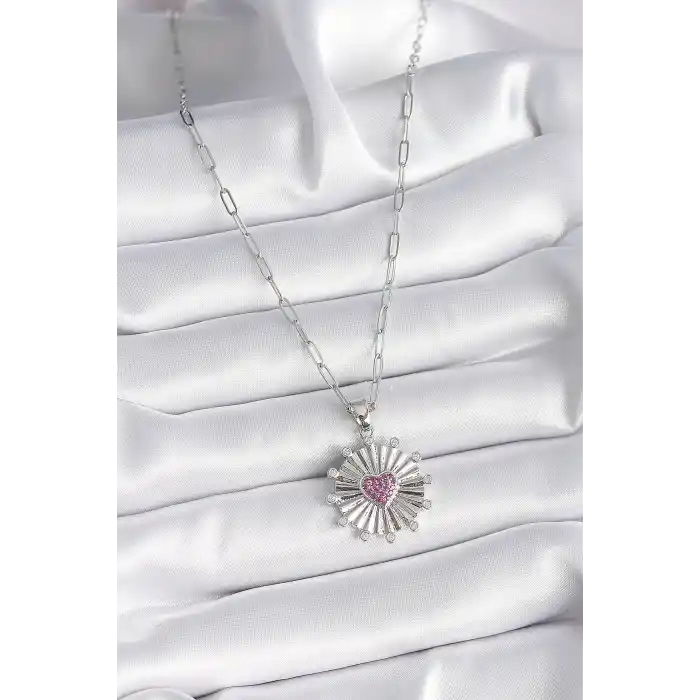 316L Çelik Gümüş Renk Pembe Zirkon Taşlı Kalp İşleme Madalyon Model Kadın Kolye