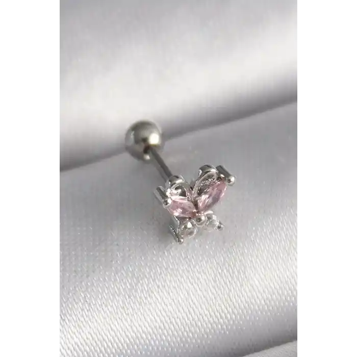 316L Çelik Gümüş Renk Pembe Zirkon Taşlı Kelebek Tragus Piercing