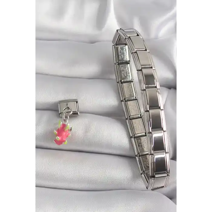 316L Çelik Gümüş Renk Sallantı Ejder Meyvesi Model Nomination Charm