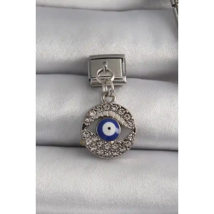316L Çelik Gümüş Renk Sallantı Zirkon Taşlı Göz Model Nazar Boncuk Detay Nomination Charm