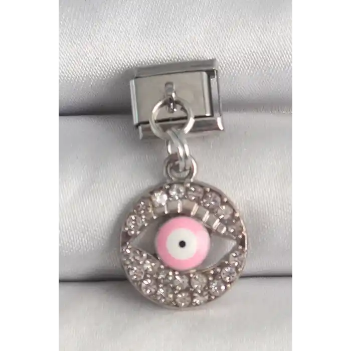 316L Çelik Gümüş Renk Sallantı Zirkon Taşlı Pembe Göz Model Nomination Charm