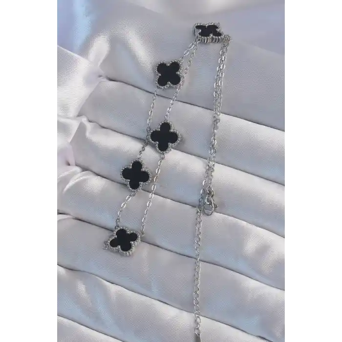 316L Çelik Gümüş Renk Siyah Mineli Yonca Kolye