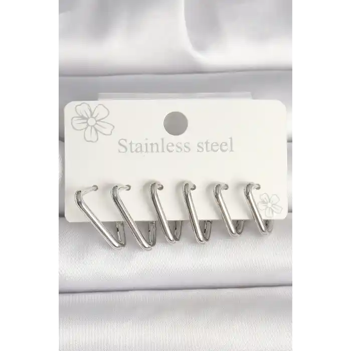 316L Çelik Gümüş Renk Üçgen Model Kadın Küpe Seti