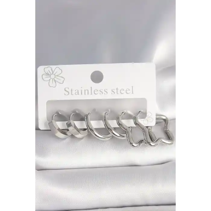 316L Çelik Gümüş Renk Yarım Halka Yıldız Model Kadın Küpe Seti