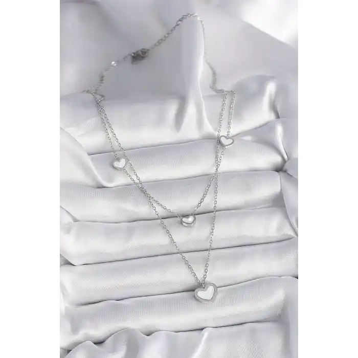 316L Çelik Gümüş Renk Zincir 2Li Zincir Kalp Model Kadın Kolye