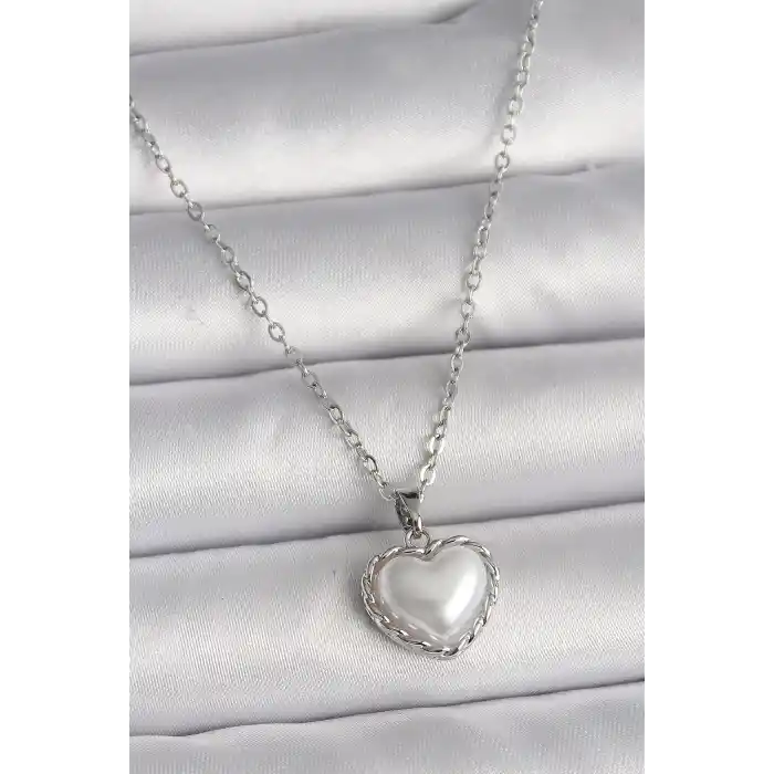 316L Çelik Gümüş Renk Zincir 3D İnci Kalp Model Kadın Kolye
