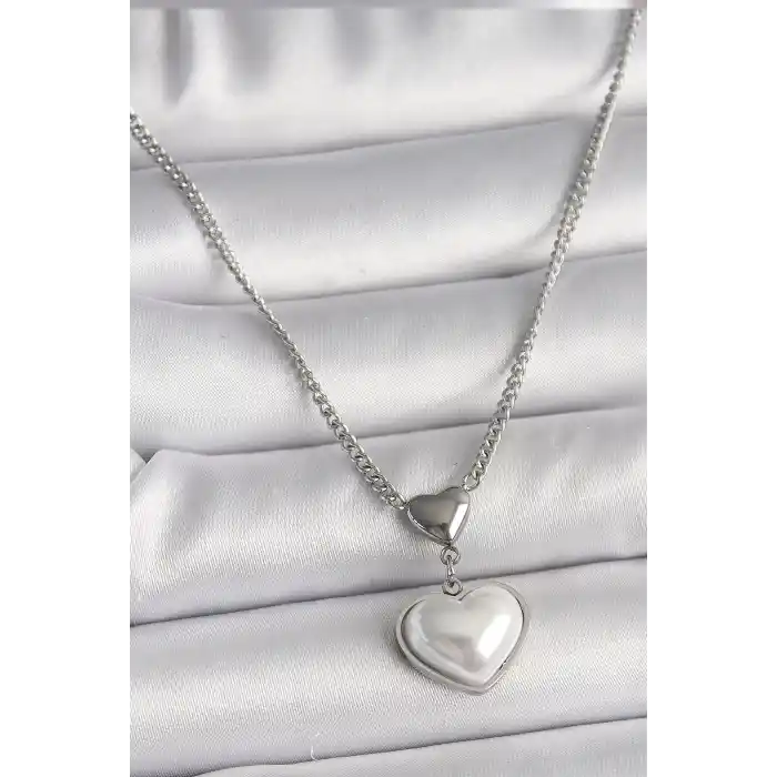 316L Çelik Gümüş Renk Zincir 3D Kalp Model Kadın Kolye