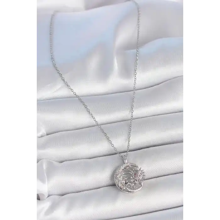 316L Çelik Gümüş Renk Zincir Ay Güneş Model Zirkon Taş Detay Kadın Kolye