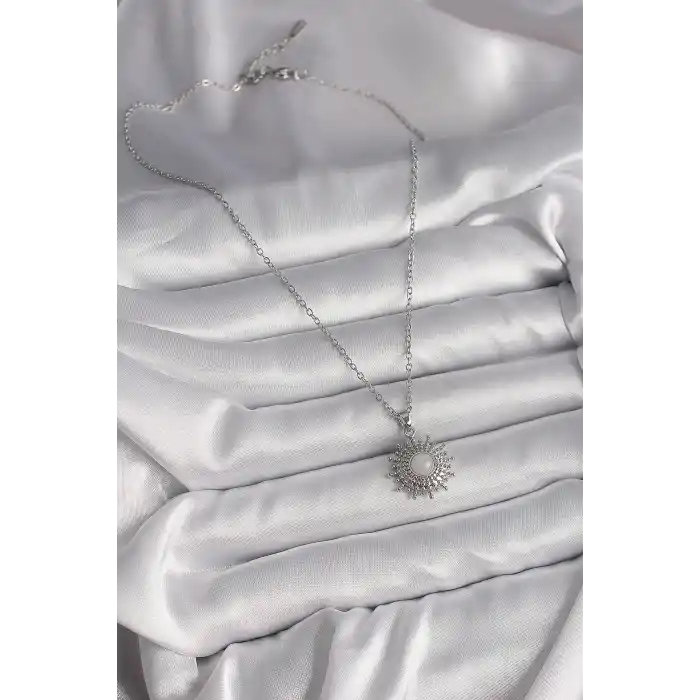 316L Çelik Gümüş Renk Zincir Beyaz Mineli Güneş Model Kadın Kolye