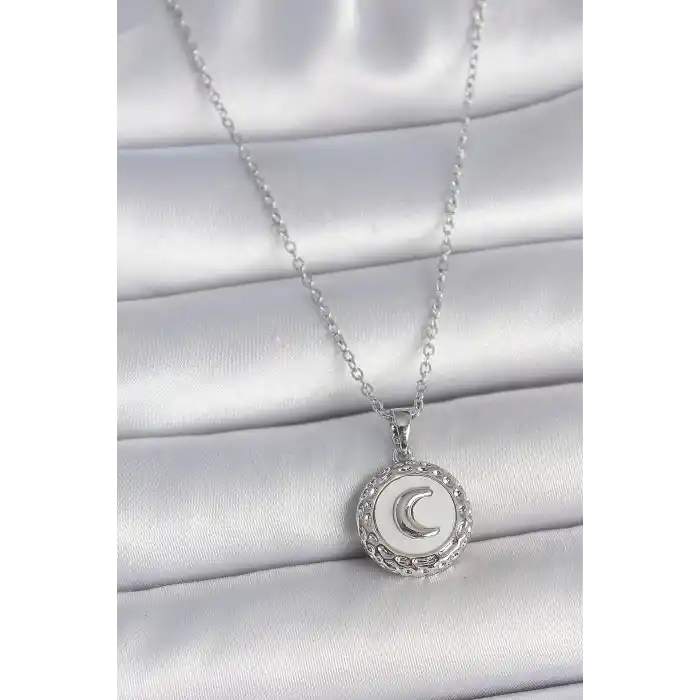 316L Çelik Gümüş Renk Zincir Beyaz Mineli Hilal İşlemeli Madalyon Model Kadın Kolye