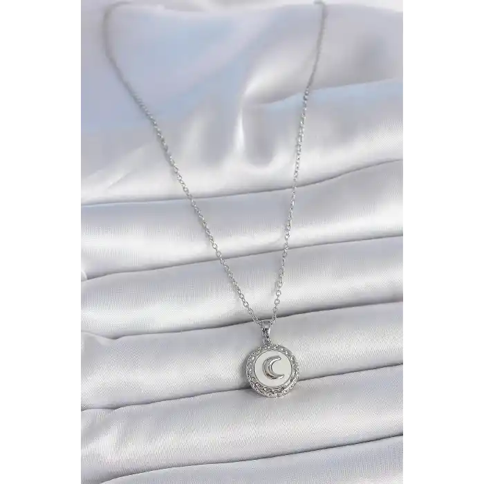 316L Çelik Gümüş Renk Zincir Beyaz Mineli Hilal İşlemeli Madalyon Model Kadın Kolye