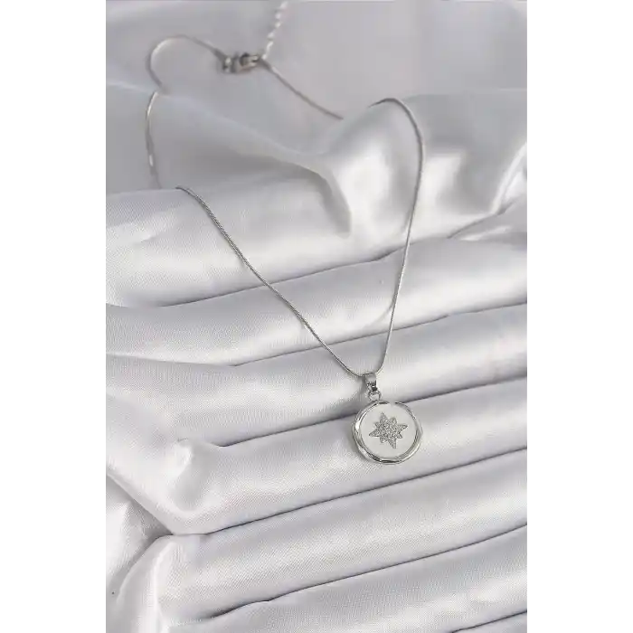 316L Çelik Gümüş Renk Zincir Beyaz Sedefli Zirkon Taşlı Yıldız İşleme Model Kadın Kolye