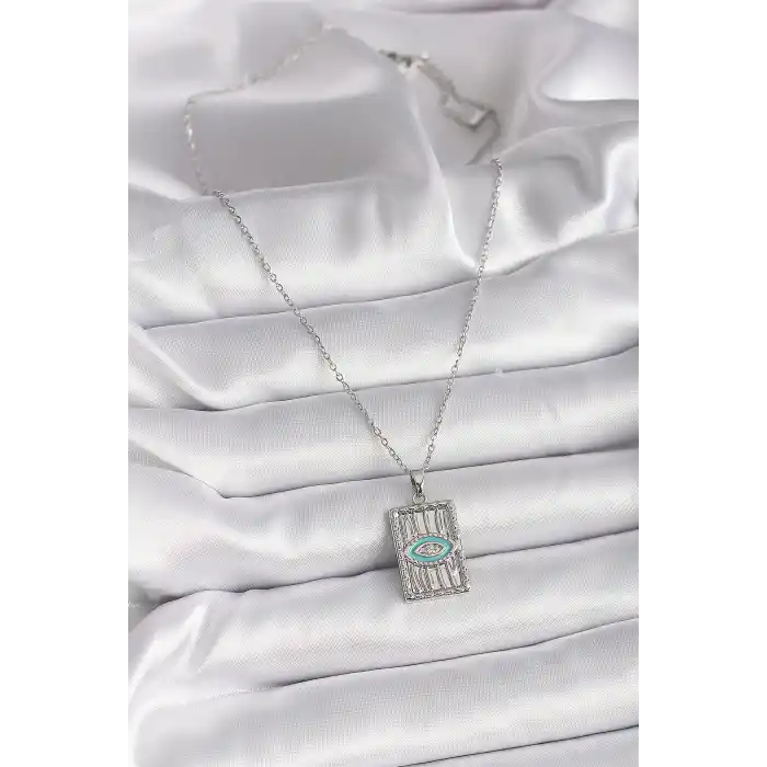 316L Çelik Gümüş Renk Zincir Göz İşlemeli Madalyon Model Kadın Kolye