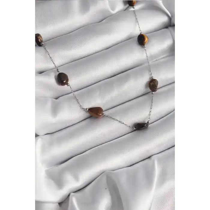 316L Çelik Gümüş Renk Zincir Kahverengi Doğaltaş Model Kadın Kolye