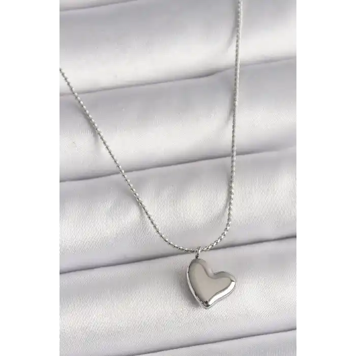 316L Çelik Gümüş Renk Zincir Kalp Figür Kadın Kolye