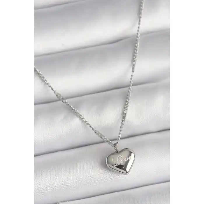 316L Çelik Gümüş Renk Zincir Love İşleme Kalp Figür Kadın Kolye