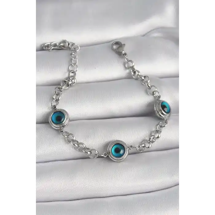 316L Çelik Gümüş Renk Zincir Model Nazar Boncuklu Kadın Bileklik