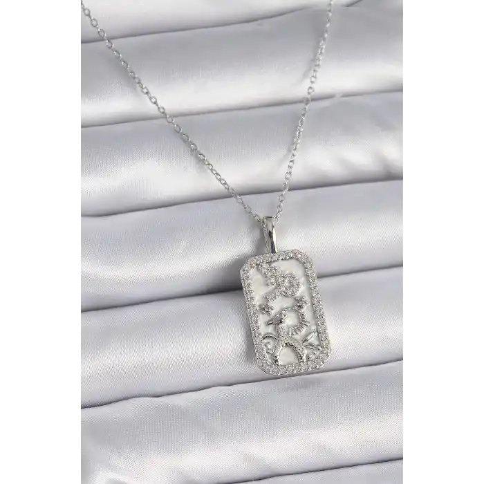 316L Çelik Gümüş Renk Zincir Oğlak Burcu Zirkon Taşlı Kadın Kolye