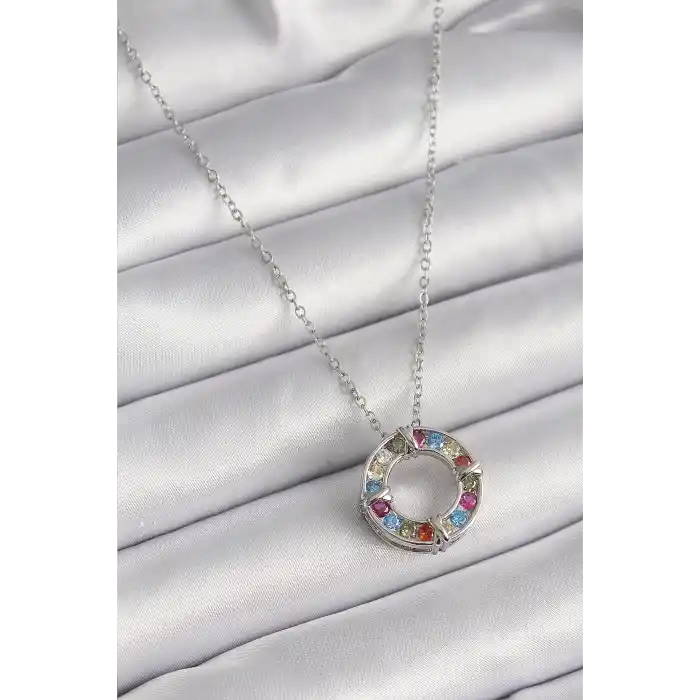 316L Çelik Gümüş Renk Zincir Renkli Zirkon Taşlı Xoxo Model Kadın Kolye