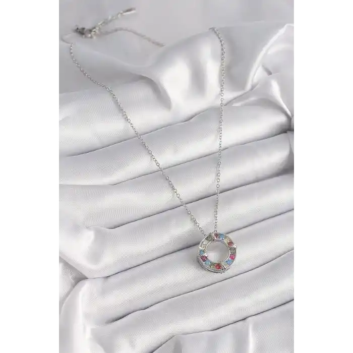 316L Çelik Gümüş Renk Zincir Renkli Zirkon Taşlı Xoxo Model Kadın Kolye