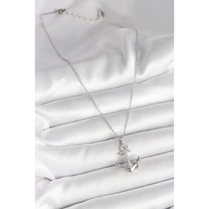 316L Çelik Gümüş Renk Zincir Zirkon Taş Detaylı Çapa Model Kadın Kolye