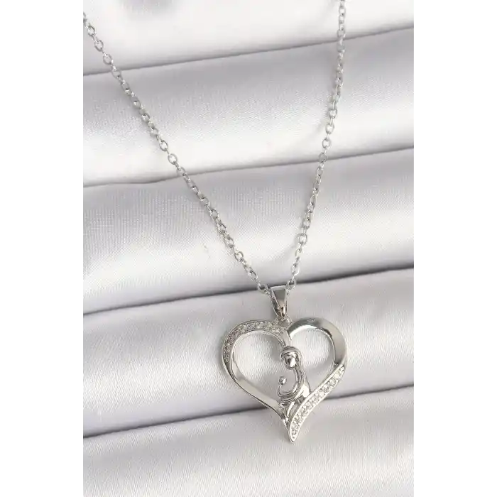 316L Çelik Gümüş Renk Zincir Zirkon Taş Detaylı Kalp Model Kadın Kolye