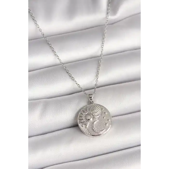 316L Çelik Gümüş Renk Zincir Zirkon Taşlı Ay Güneş İşlemeli Madalyon Model Kadın Kolye