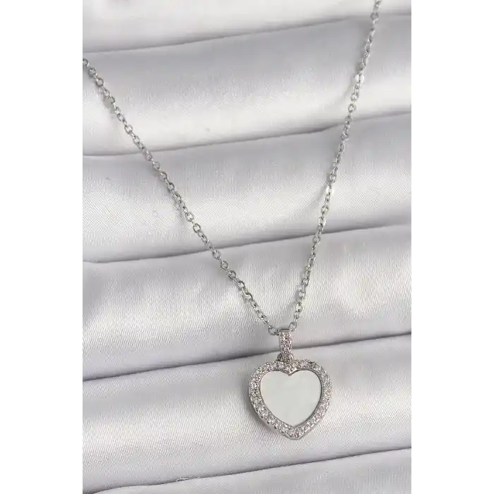 316L Çelik Gümüş Renk Zincir Zirkon Taşlı Beyaz Mineli Kalp Model Kadın Kolye