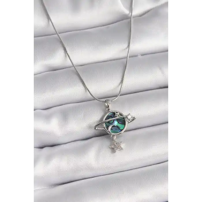 316L Çelik Gümüş Renk Zincir Zirkon Taşlı Gezegen Model Kadın Kolye